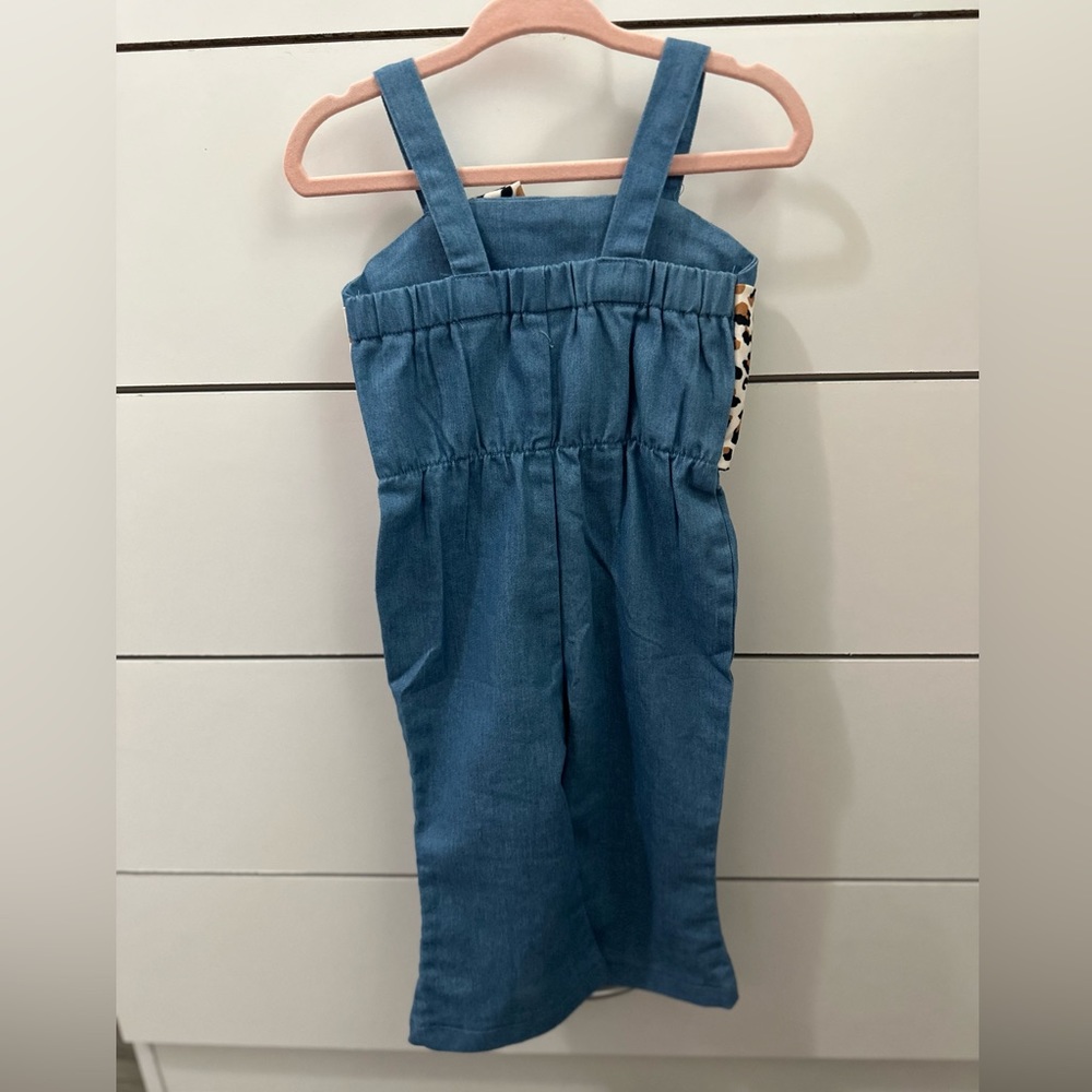 NWOT denim leopard print bow baby girl overalls. - Picture 5 of 6